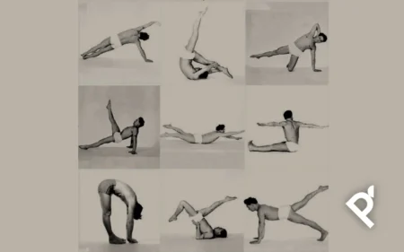 Montaje de fotografías históricas de Joseph Pilates realizando algunos de sus ejercicios de la serie clásica de su Método