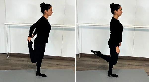 Fátima Pastor Andreu realizando estiramiento de la parte delantera de pierna derecha en sesión de Pilates