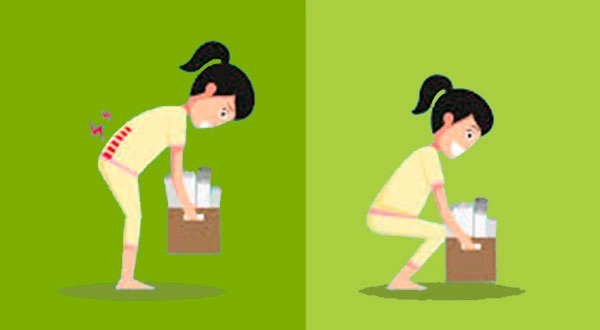 Dibujos de cómo coger peso correctamente. Se tienen en cuenta en las clases de Pilates para evitar dolencias de columna
