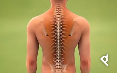 Columna vertebral semitransparente con músculos en cuerpo de hombre de sacro a cervical