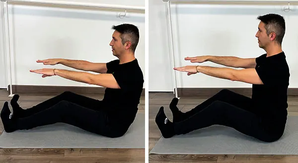 Vicente Juan Asencio en dos imágenes sentado. la derecha con columna neutra y la segunda con retroversión pélvica y columna flexionada. (Tips en Pilates)
